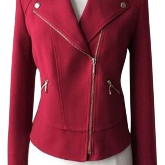 WHBM Red Moto Jacket Gold Button Burgundy Leather - Picture 3 of 6